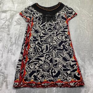 Anthropologie Floreat Black Geometric Print Beaded Fringe‎ Crochet Neck Dress M